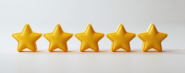 Five gold stars in a row on a plain surface