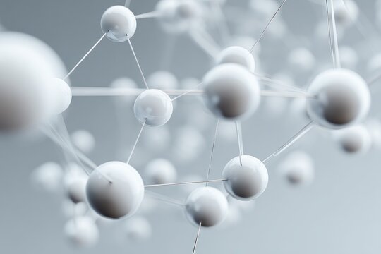 Linked white spheres, blurred. Abstract, science concept.