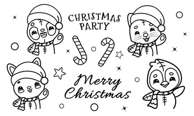 
Cute Christmas coloring page with kawaii animals