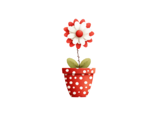 A red and white flower in a red pot with white polka dots