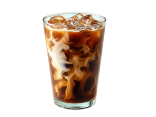 A glass of coffee with a swirl of milk on top