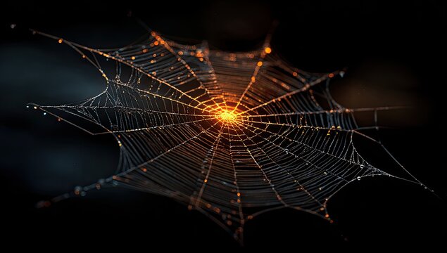 Orbweb glistening with beads on thread in blurred darkness