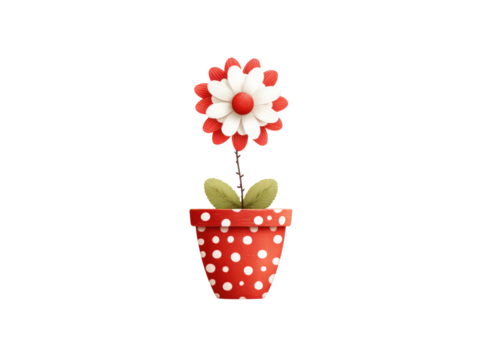 A red and white flower in a red pot with white polka dots