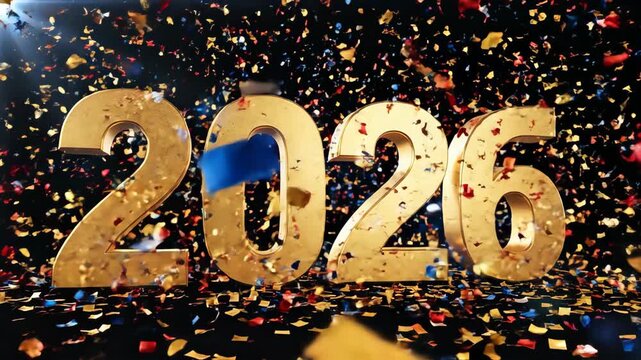 Golden 2026 Celebration with Confetti Showering Down for New Year's Eve, holidays