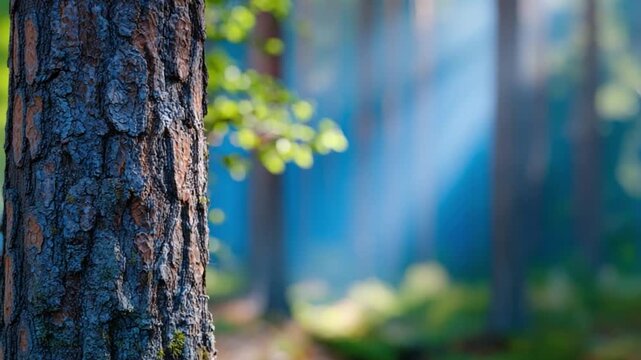 Forest's Embrace: Witness the detailed texture of a tree trunk against a backdrop of soft-focus, sun-dappled woodland, evoking a sense of calm and natural beauty.