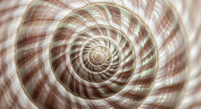 Detailed Macro Image of a Spiral Seashell with Brown and White Tones and Intricate Patterns