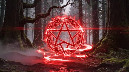 Mystical forest ritual with a glowing pentagram and ethereal orbs - Powered by Adobe