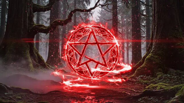 Mystical forest ritual with a glowing pentagram and ethereal orbs