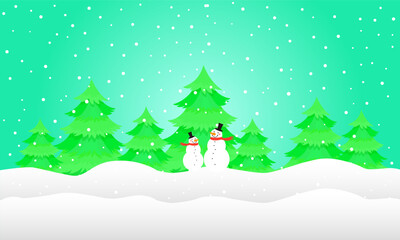 Festive Snowmen Duo in Snowy Christmas Trees Forest Under Falling Snowflakes - A Whimsical Winter Wonderland Scene