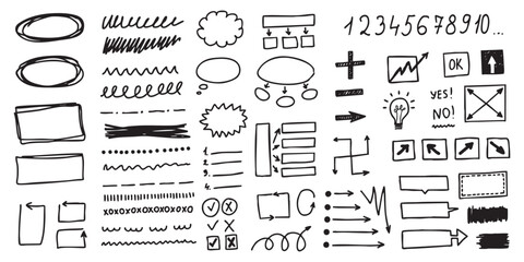 A large set of hand-drawn doodles featuring arrows, circles, frames, highlights, numbers, symbols, lines, bullet points, thought bubbles, and sketch elements.
