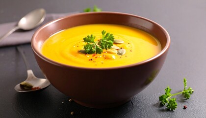 Tomato Soup with Herbs and Croutons in Elegant Bowl on Dark Surface