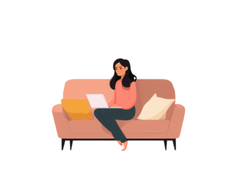 A woman is sitting on a couch with a laptop in front of her