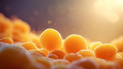 The scene captures vibrant orange fat cells with a round shape, showcasing their plump form in soft lighting. This group of orange fat cells sparkles under the warm, glowing backgr