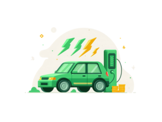 A green car is charging at a charging station