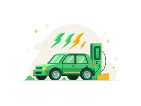 A green car is charging at a charging station