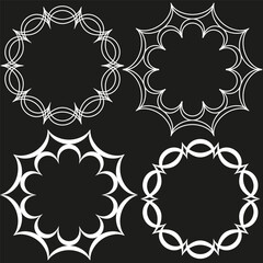 Floral wreath pattern. Circular black shapes. Abstract Vector decoration. Modern round element.