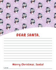 Cute kawaii letter template for Santa Claus with funny vector Christmas penguin