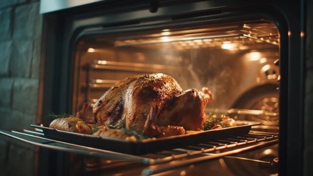 Cinematic Thanksgiving Turkey Roasting in the Oven, Showcasing Golden Crisp Skin, Warm Holiday Lighting, Rising Steam, Rich Aromas, and the Cozy Festive Atmosphere of a Traditional Family Feast Food