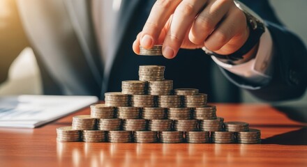 Hand stacking coins creating a money pyramid symbolizing wealth growth and investment success