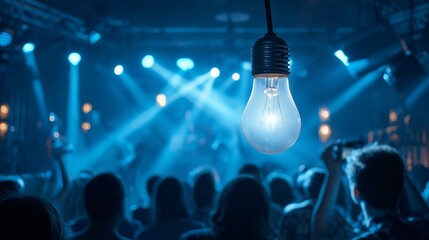 A glowing light bulb hangs prominently as a man and a woman enjoy the lively music in a crowded venue. The vibrant atmosphere is enhanced by the blue lights illuminating the audien