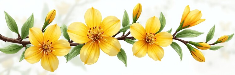 Fototapeta premium Floral illustration features vibrant yellow osmanthus flowers. Art shows blooming flowers on branches with green leaves. Design is good for print. Decor, nature, and spring season.