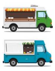 Colorful food truck illustrations, perfect for advertising roadside eateries and mobile vendors