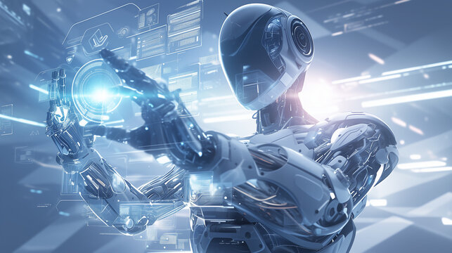 a robot is standing in the center of an office, working on computers, touching the computer screen with his fingers