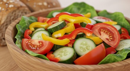 Colorful, fresh, healthy salad with cucumbers, tomatoes, and bell peppers in a wooden bowl