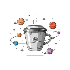 Coffee Cup in Space with Planets Orbiting.