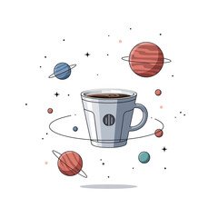 Coffee Cup in Space with Planets Orbiting.