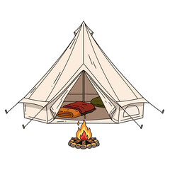 Cozy camping scene with tent and campfire illustration.