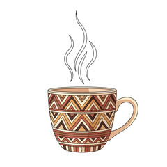 Steaming cup with ethnic pattern design.