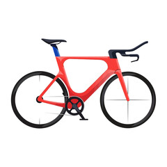 Red aerodynamic bicycle for triathlon competition racing.