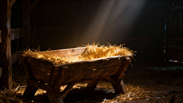 Wooden manger filled with straw illuminated by soft light indoors, Catholic Christmas, manger, nativity scene, copy space     