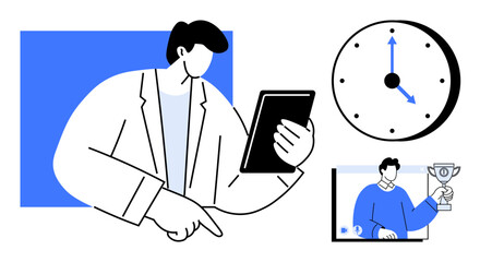 Businessperson interacting with tablet, clock representing time management, and award scene highlighting achievement. Ideal for productivity, success, business strategy, time tracking, digital tools