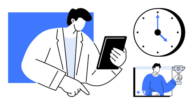 Businessperson interacting with tablet, clock representing time management, and award scene highlighting achievement. Ideal for productivity, success, business strategy, time tracking, digital tools