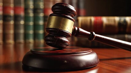 Powerful gavel striking down on sound block in courtroom video sequence highlighting justice and legal proceedings with rich mahogany tones