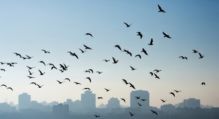 Flock of birds soaring high above city buildings at dawn or dusk