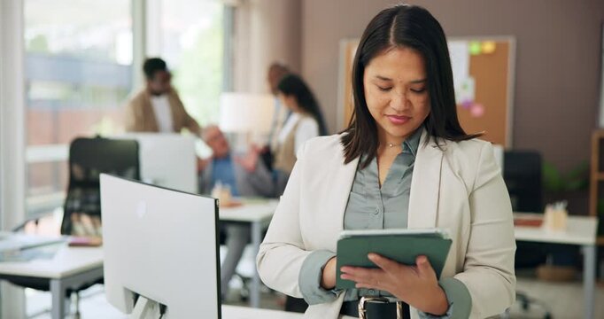 Business, woman and typing on tablet in office for press release draft, media list review and email. Coworking, public relations specialist and tech to monitor brand mentions and PR campaign planning