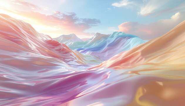 Pixelated mountain landscape with pastel pink blue and yellow hues at sunrise soft lighting and a serene atmosphere