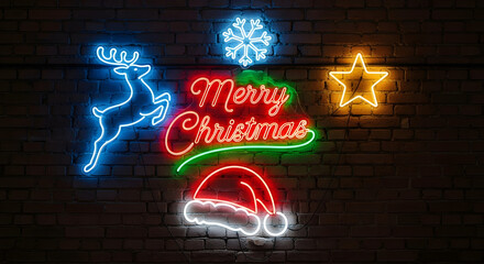 A neon sign that says "Merry Christmas" in red and green lights against a brick wall.