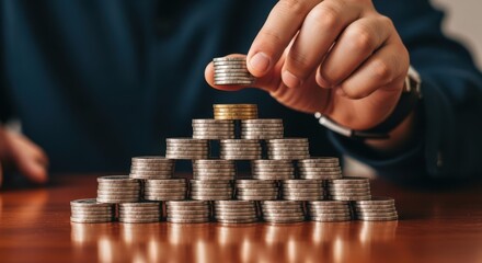Hand stacking coins in pyramid shape representing financial growth and investment strategy