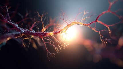 The vibrant neural network branches extend outward towards a glowing light in the distance, showcasing intricate designs. This neural network and glowing light create a captivating