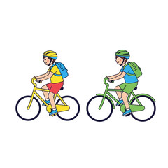 Fototapeta premium Two boys riding bicycles with helmets and backpacks, side view, cartoon style.