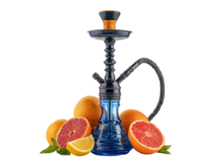 A blue glass pipe with a blue lid sits on a table with a bunch of oranges