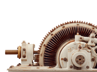 A large, rusted, old-fashioned machine with a large gear