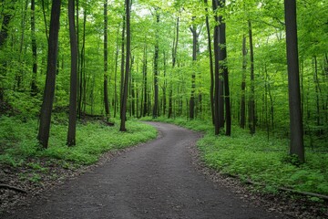 Fototapeta premium A winding forest path invites exploration through lush green trees.