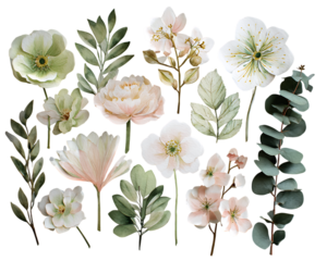 Collection of delicate floral elements and green leaves isolated on transparent background