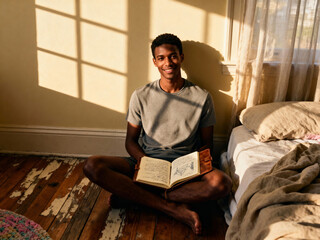 A young black man enjoying a quiet morning reading a book in a cozy sunlit bedroom with warm natural light