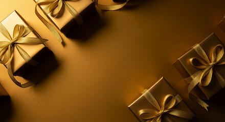 Aerial view of gold gift boxes with ribbon on a gold background, representing celebration, generosity, and special occasion. Free space available